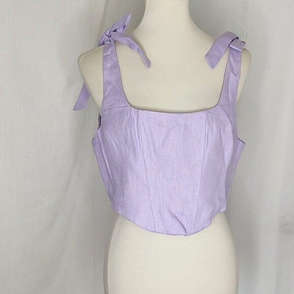 FARM Rio  Corset Crop Top L Lilac Smocked Shoulder Tie Linen Summer - Picture 4 of 12